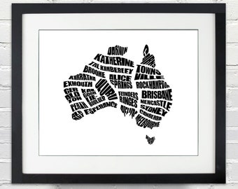Australia Word Map - A typographic word map CIties of Australia, Home Decor, Australian Map, Black and White, Canvas or Print, Moving Gift