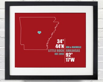 Arkansas Coordinate Personalized Wedding or Anniversary Gift, Map Print or Canvas, Bridal Shower Gift Ideas, Bride and Groom Names