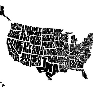 USA Word Map A Black and White Typographic Map of the United States of America, Home Decor, Print or Canvas, Graduation Gift, Kids Bedroom image 2