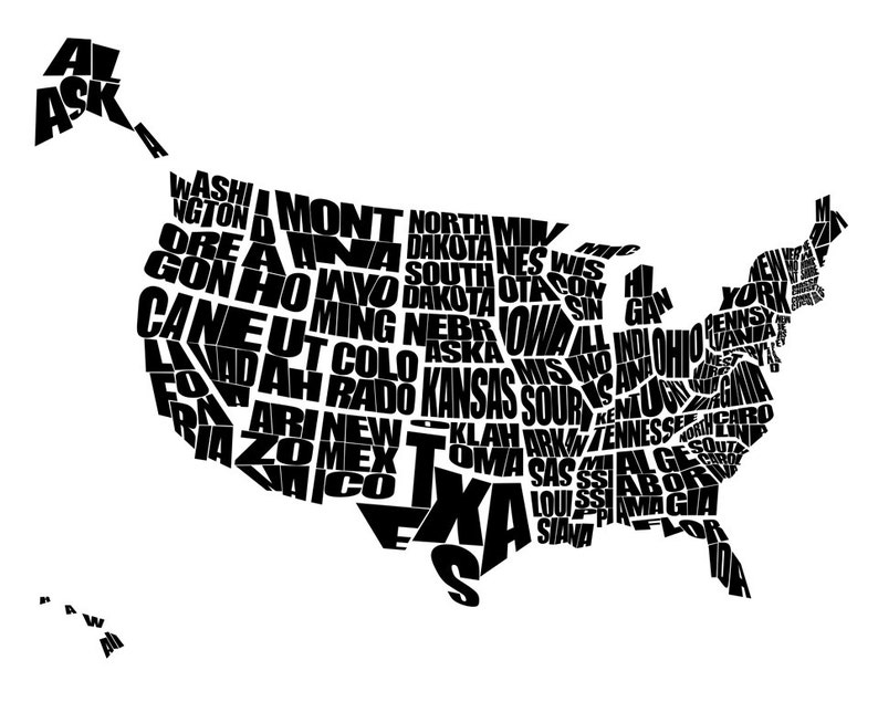 USA Word Map A Black and White Typographic Map of the United States of America, Home Decor, Print or Canvas, Graduation Gift, Kids Bedroom image 2