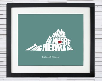 Home is Where the Heart Is - State Silhouette Poster  (Any State or Country), Wedding, Anniversary, Bridal Shower Gift Idea, Print or Canvas