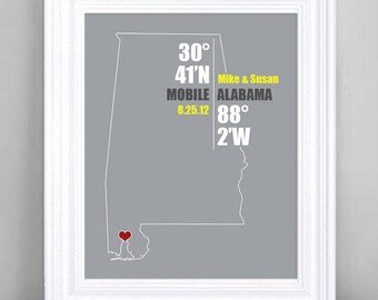 Alabama Coordinate Personalized Wedding or Anniversary Gift, Map Print or Canvas, Bridal Shower Gift Ideas, Bride and Groom Names