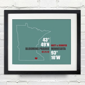 Minnesota Coordinate Personalized Wedding or Anniversary Gift, Map Print or Canvas, Bridal Shower Gift Ideas, Bride and Groom Names