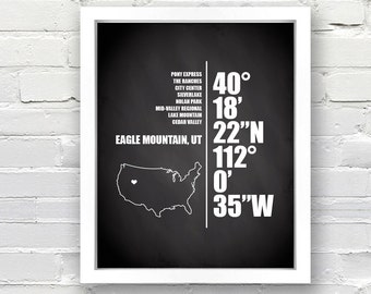 Subway Art Coordinate Print - State or Country - Chalkboard, Personalized Gift, Home Decor, Print or Canvas Map Art