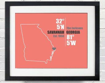 Georgia Coordinate Personalized Wedding or Anniversary Gift, Map Print or Canvas, Bridal Shower Gift Ideas, Bride and Groom Names