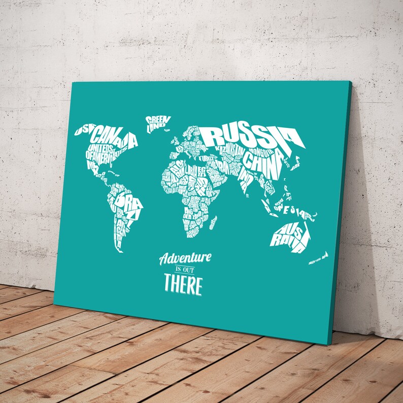 Adventure Is Out There World Word Map, Travel Quote Map, Home Decor, Childrens Bedroom, Graduation Gift, Typography Stencil, Custom Color image 2