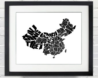 China Word Map - A typographic word map of the Provinces of China, Black and White, Chinese gift, Print or Canvas