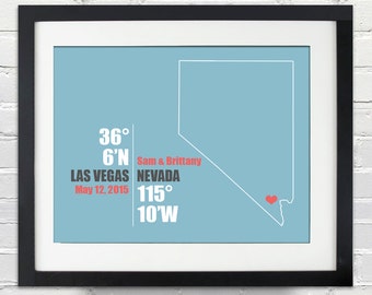 Nevada Coordinate Wedding or Anniversary Gift, Las Vegas Wedding Map Print, Bride and Groom Names, Place and Date, Bridal Shower Gift