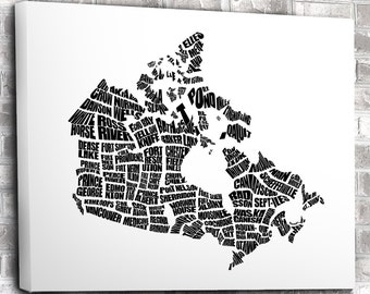 Canada Word Map - A Black and White Typographic Word Map of Canadian Cities, Travel Map, Typography, Custom, Home Decor, Print or Canvas