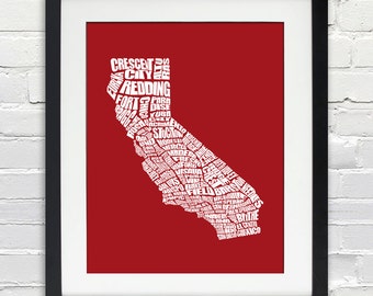 California Cities Word Map - Typography Map Art, Home Decor, Housewarming Gift, Moving Gift, Custom Travel Map, Print or Canvas