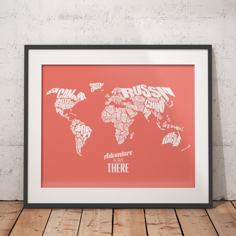 Adventure Is Out There World Word Map, Travel Quote Map, Home Decor, Childrens Bedroom, Graduation Gift, Typography Stencil, Custom Color image 3