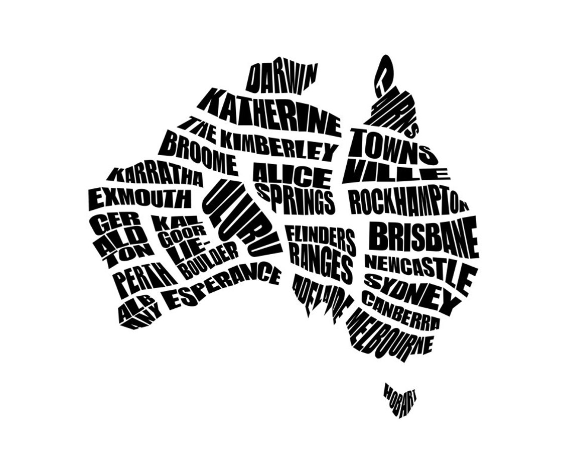 Australia Word Map A Typographic Word Map Cities of - Etsy