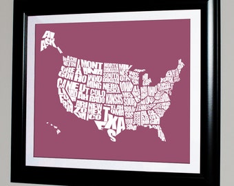 USA Word Map - Typographical Map, Print or Canvas, United States Art Map, 8x10, 11x14, 16x20, 20x30