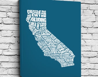 California Cities Word Map - Typography Map Art, Home Decor, Housewarming Gift, Moving Gift, Custom Travel Map, Print or Canvas