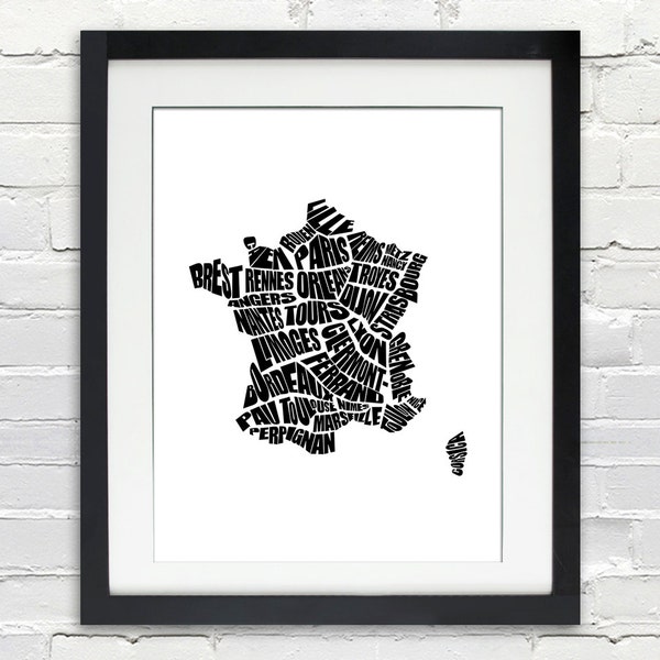 France Word Map - A typographic word map of the Cities of France, Home Decor, French Map, Black and White, Canvas or Print, Moving Gift