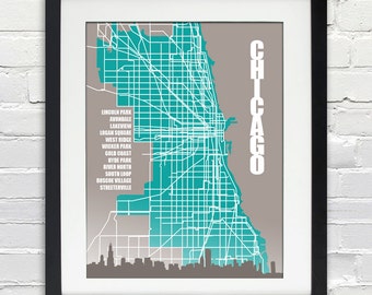 Chicago City Poster (streets, skyline, neighborhoods), Personalized Print or Canvas Gift, Custom Art Map