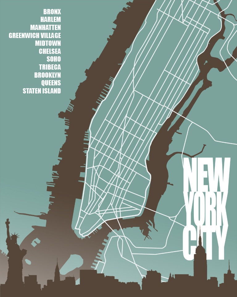 New York City Poster Manhattan Neighborhood Custom Gift Etsy