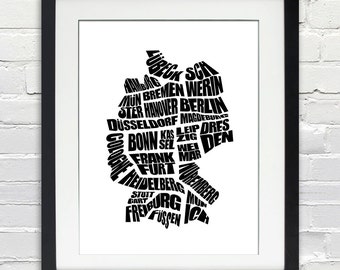 Germany Word Map - A typographic word map of Cities of Germany, Home Decor, Black and White, Canvas or Print, Moving Gift, German Map Art