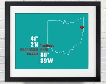 Ohio Coordinate Wedding or Anniversary Gift, Any State or Country Map Print, Bride and Groom Names, Place and Date, Bridal Shower Gift