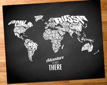 Adventure Is Out There - World Word Map with Travel Quote on Chalkboard Background, Quote Map Print, Canvas World Map, Chalkboard Map