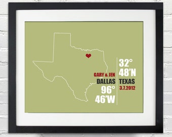 Texas Coordinate Personalized Wedding or Anniversary Gift, Map Print or Canvas, Bridal Shower Gift Ideas, Bride and Groom Names