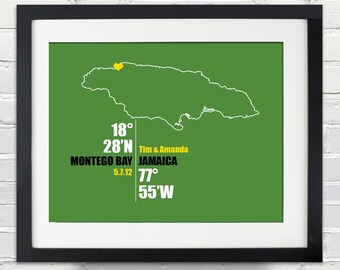 Jamaica Coordinate Personalized Wedding or Anniversary Gift, Map Print or Canvas, Bridal Shower Gift Ideas, Bride and Groom Names