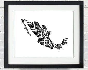 Mexico Word Map - A typographic word map of cities of Mexico, Mexican City Map, Home Decor, Print or Canvas, Black and White