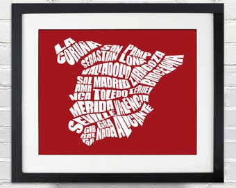 Spain Word Map - A typographic word map of cities of Spain