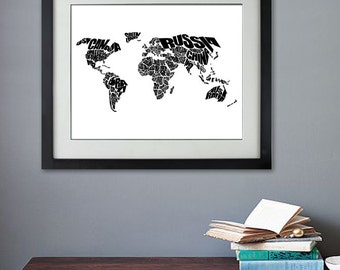 World Word Map - A Black and White Typographic Map of the Countries of the World, Home Decor, Bedroom, Graduation Gift, Black and White