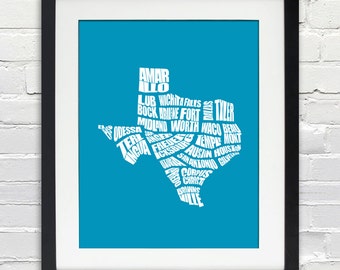 Texas Word Map - A typographic word map of cities in the state of Texas, Personalized Housewarming, Moving Gift, Home Decor, Print or Canvas