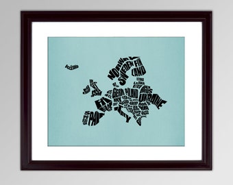 Europe Word Map - A typographic text map of Countries of Europe, Travel Map, Typography Stencil Art, Custom Gift, Home Decor, Custom Color