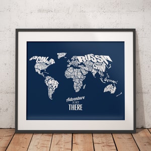 Adventure Is Out There World Word Map, Travel Quote Map, Home Decor, Childrens Bedroom, Graduation Gift, Typography Stencil, Custom Color image 1