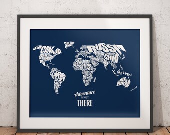 Adventure Is Out There - World Word Map, Travel Quote Map, Home Decor, Childrens Bedroom, Graduation Gift, Typography Stencil, Custom Color