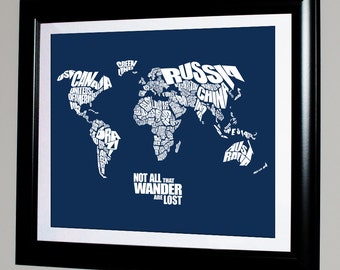 Not All That Wander Are Lost - World Word Map, Travel Quote Map, Home Decor, Childrens Bedroom, Graduation Gift, Typography Stencil