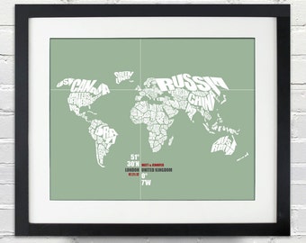 World Coordinate Wedding or Anniversary Gift, World Word Map, Date and Place, Bride and Groom, Any Location, Bridal Shower, Color Choice