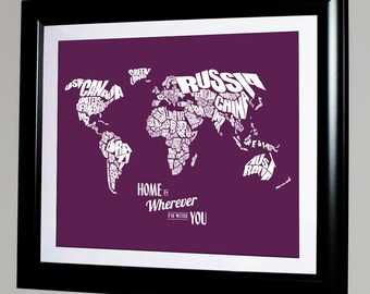 Home is Wherever I'm With You - World Word Map, Nursery or Child Bedroom, Travel Map, Birthday Gift, World Typography Poster, Home Decor Map