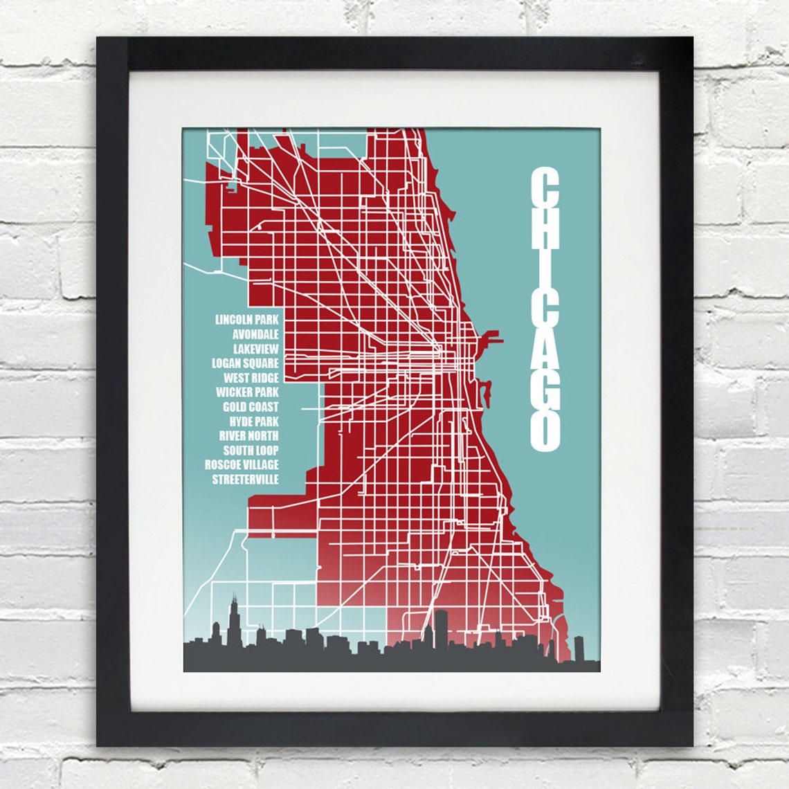 Chicago City Poster streets, Skyline, Neighborhoods, Personalized Print