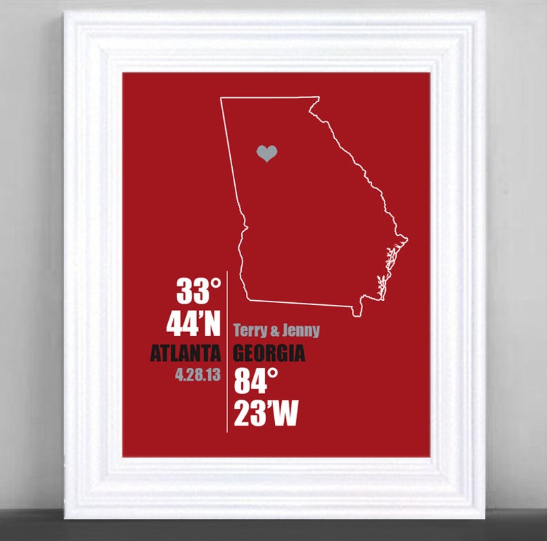 Georgia Coordinate Personalized Wedding or Anniversary Gift, Map Print or Canvas, Bridal Shower Gift Ideas, Bride and Groom Names image 2