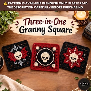 May include: Three square crochet motifs featuring skull designs in black, red, and cream yarn. The left square has a skull with red wings, the center has a skull in a circular frame, and the right has a skull on a red floral shape. Text reads: Three-in-One Granny Square.