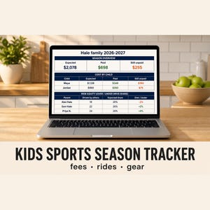 May include: A laptop screen displaying a Hale family 2026-2027 sports season tracker with tables for costs and ride equity. Below the laptop, the text reads: KIDS SPORTS SEASON TRACKER, fees • rides • gear. The interface shows financial data.