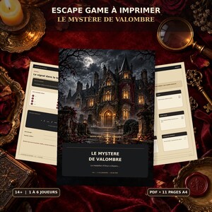 Könnte beinhalten: Ein druckbares Escape-Game-Set mit dem Titel Le Mystère de Valombre, bestehend aus einem Deckblatt mit einer gotischen Herrenhaus-Illustration bei Vollmond, flankiert von zwei Spielseiten mit Texten, Rätseln und Anleitungen in französischer Sprache.