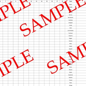 May include: A white grid spreadsheet document featuring columns labelled with numbers one through eighteen, a team column listing various professional football team names, and a participant column, all overlaid with the red text SAMPLE.