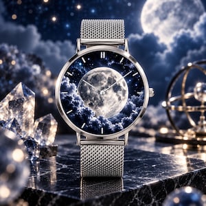Può includere: Un orologio da polso color argento con cinturino in maglia metallica e quadrante rotondo. Il quadrante presenta un grafico dettagliato di una luna piena circondata da nuvole blu scuro e stelle, con sottili lancette argentate e un datario.