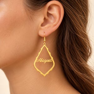 Gold Tone Abigail Name Earrings, Ornate Script Dangles, Personalized Gift for Her