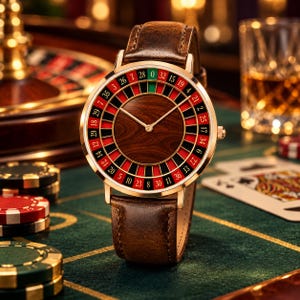 May include: A wristwatch with a brown leather strap and a gold-tone case. The watch face features a roulette wheel design with red, black, and green segments, numbered 0 through 36, surrounding a dark brown wood-grain center dial.
