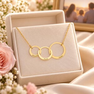 Può includere: Una collana color oro con tre pendenti circolari intrecciati di dimensioni diverse. Ogni anello è inciso con un nome: Natasha sul più piccolo, Owen su quello centrale e Pablo sul più grande. La catenina è sottile e di metallo.