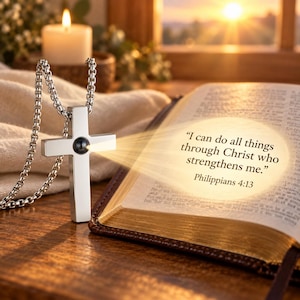 Può includere: Un ciondolo a croce in metallo color argento su una catenina abbinata, dotato di una piccola lente circolare al centro che proietta il testo: "I can do all things through Christ who strengthens me." Philippians 4:13 su una pagina di libro aperta.