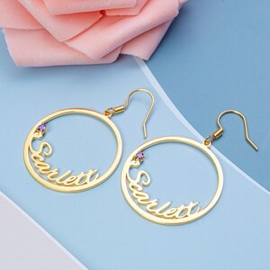 Personalized Name Hoop Earrings with Birthstone, Custom Gold Color Script Earrings, Birthday Jewelry Gift for Mom, Daughter, Wife or Her