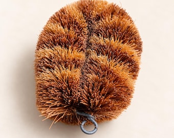 May include: An oval-shaped scrubbing brush made of stiff, brown natural fibers. The brush features a dense, textured surface with a small, circular metal loop attached at the bottom edge for hanging or storage purposes.