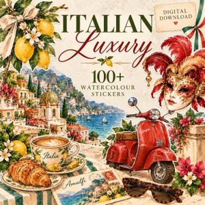 Peut inclure: Un ensemble de téléchargement numérique avec des illustrations à l'aquarelle de thèmes italiens, incluant des citrons, un masque vénitien, un scooter rouge, une tasse de café avec un croissant et une carte postale Amalfi, avec le texte Italian Luxury 100+ Stickers.